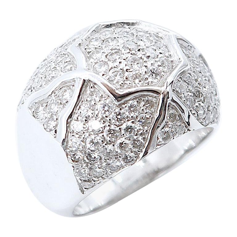 Diamond Pavé Motif 18 Karat White Gold Ring Concave Wide Band For Sale