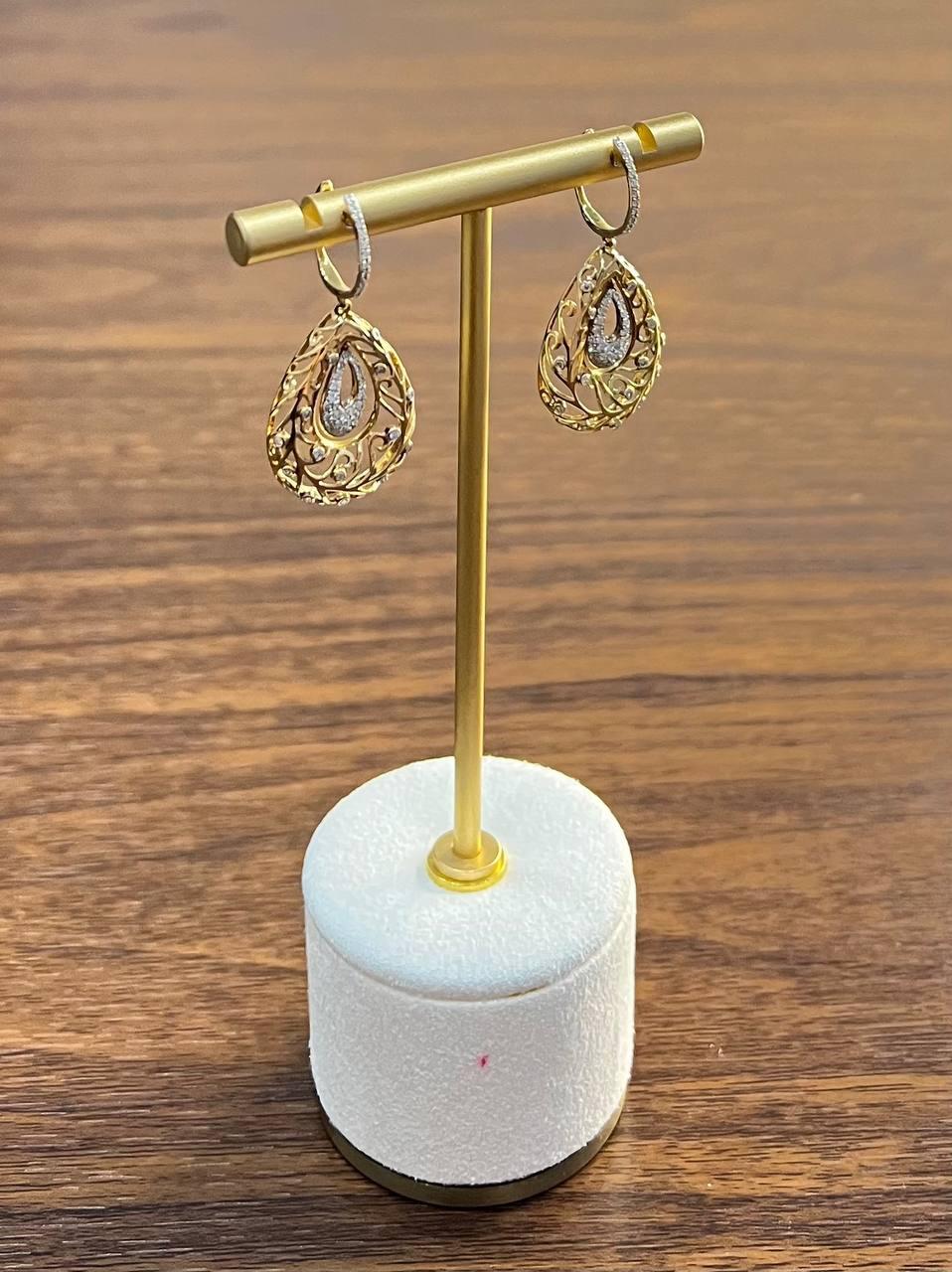 Diamond Pave Natural Floral Inspired Motifs Lattice Branches 14K Gold Earrings For Sale 6