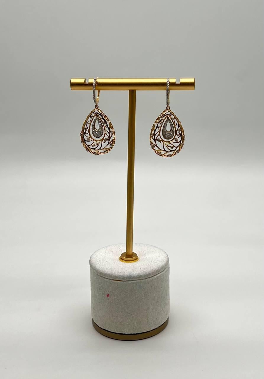 Diamond Pave Natural Floral Inspired Motifs Lattice Branches 14K Gold Earrings For Sale 2