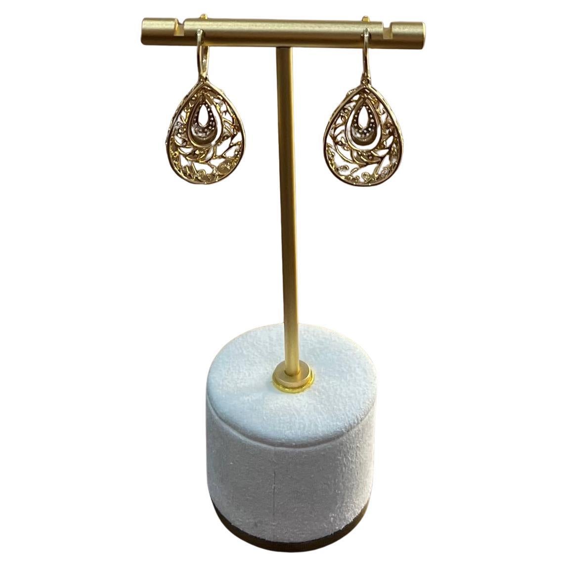 Diamond Pave Natural Floral Inspired Motifs Lattice Branches 14K Gold Earrings For Sale