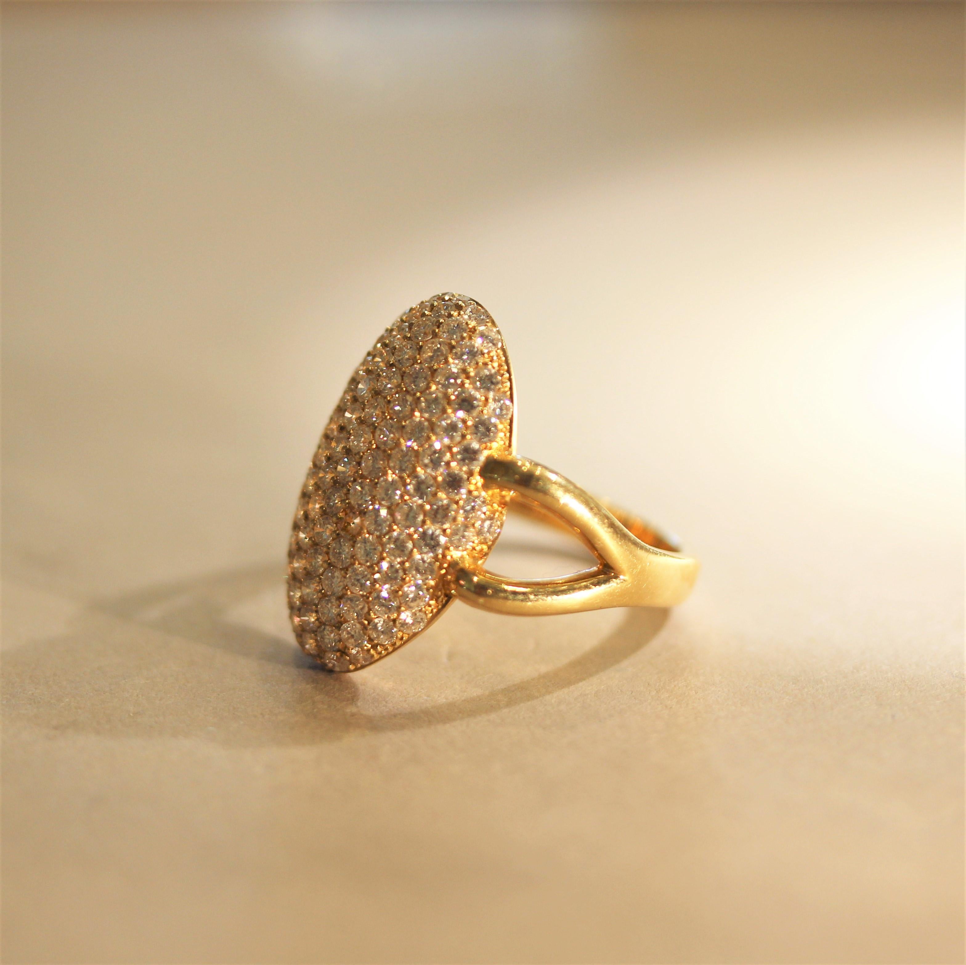 Round Cut Diamond Pave Navette-Style Gold Ring For Sale