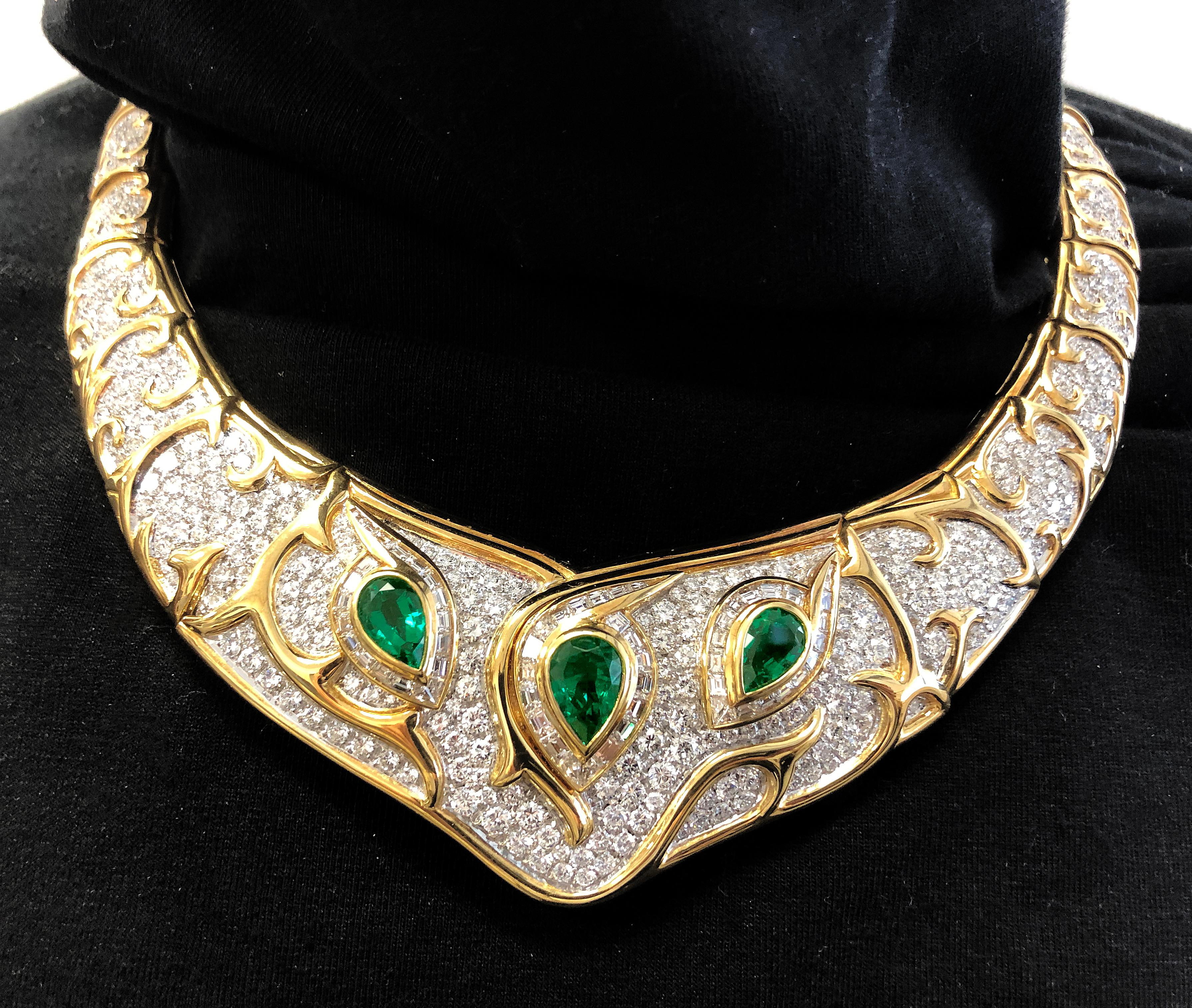 Pear Cut Diamond Pave Pear Emerald Bib Necklace