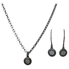 Diamond Pave Pendant Necklace and Dangle Earrings Oxidized Sterling Silver Set