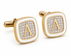 Diamond Pavé Personalized Initial Cufflinks White Enamel 14K Gold Meghna Jewels
