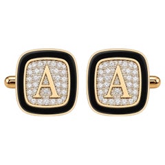 Diamond Pavé Personalized Initial Cufflinks White Enamel 14K Gold Meghna Jewels