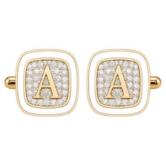 Diamond Pavé Personalized Initial Cufflinks White Enamel 14K Gold Meghna Jewels