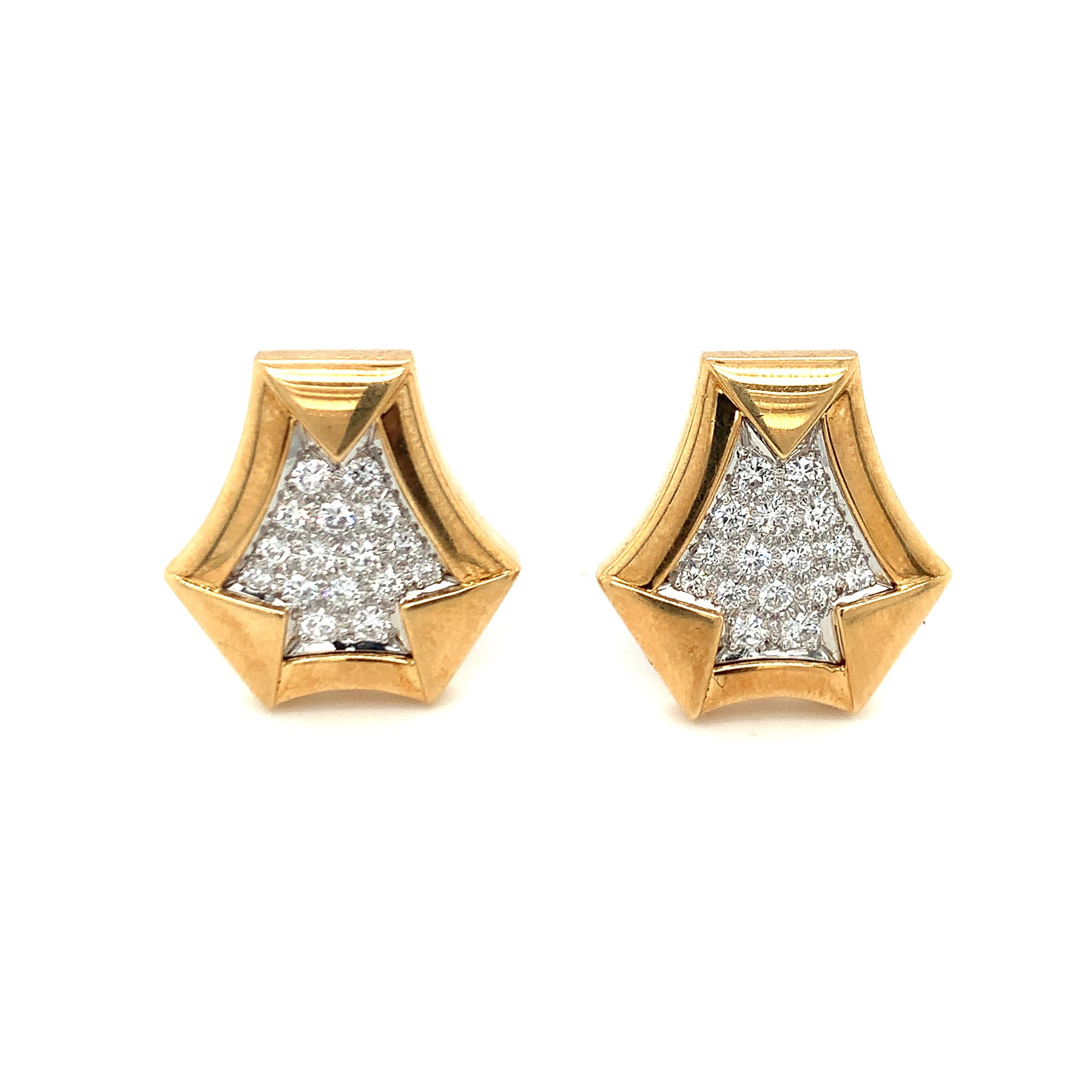 One pair of diamond pave platinum and 18K yellow gold earrings with geometric design featuring 32 pave-set, round brilliant cut diamonds weighing 1.25 ct. with F-G color and VS-1 clarity. The earrings hold posts with 14K yellow gold omega