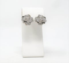 Diamond Pave Rose Flower 3D Pierced Earrings 18 Karat White Gold 1.53 Carats