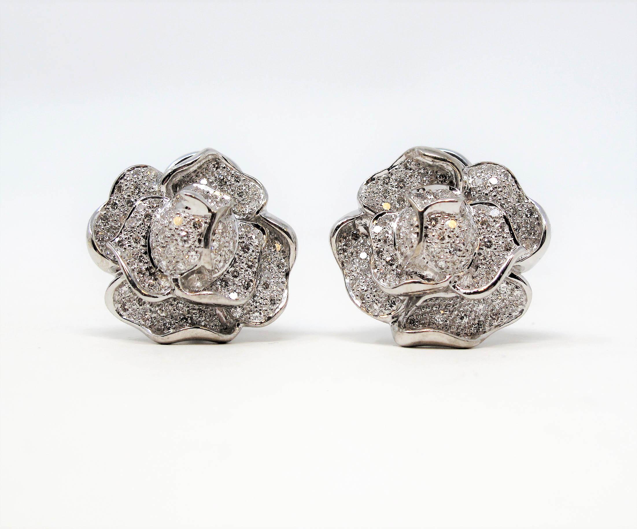 Contemporary Diamond Pave Rose Flower 3D Pierced Earrings 18 Karat White Gold 1.53 Carats For Sale