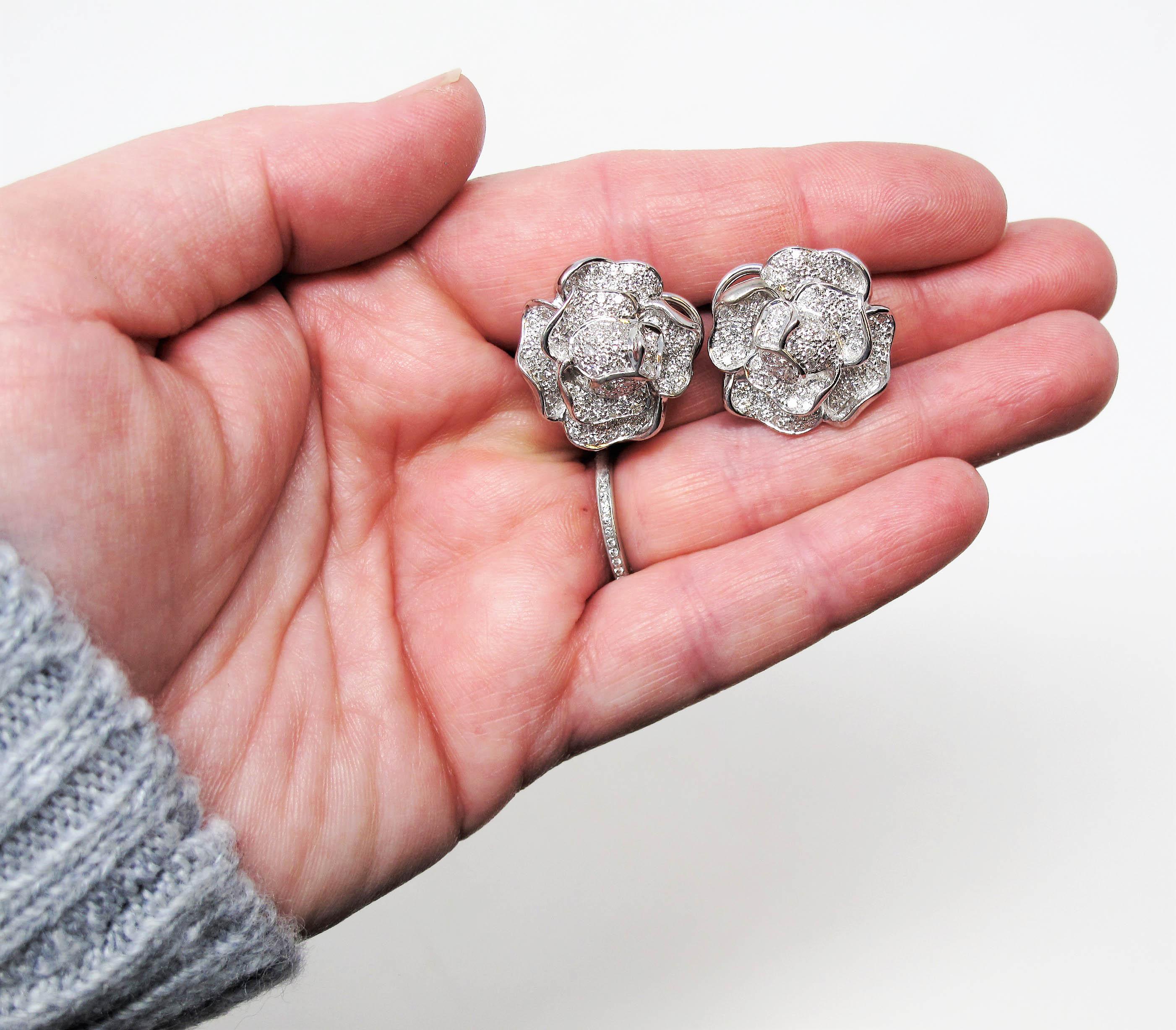 Round Cut Diamond Pave Rose Flower 3D Pierced Earrings 18 Karat White Gold 1.53 Carats For Sale