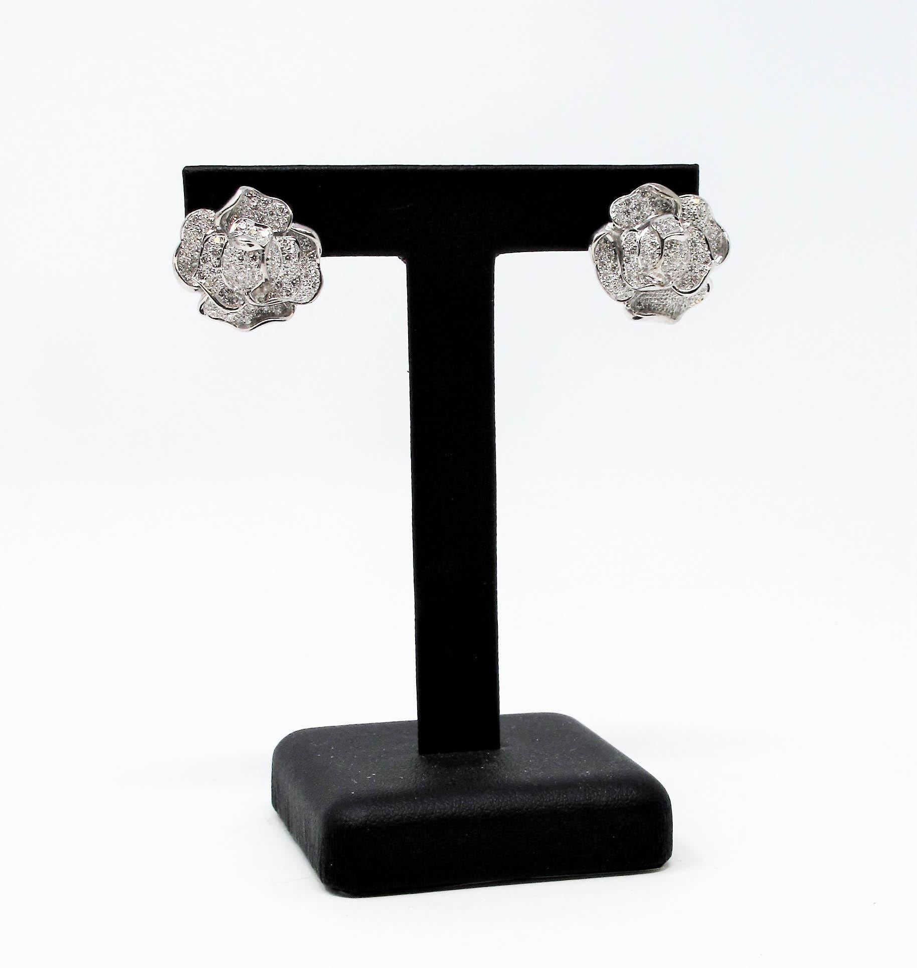Women's Diamond Pave Rose Flower 3D Pierced Earrings 18 Karat White Gold 1.53 Carats For Sale
