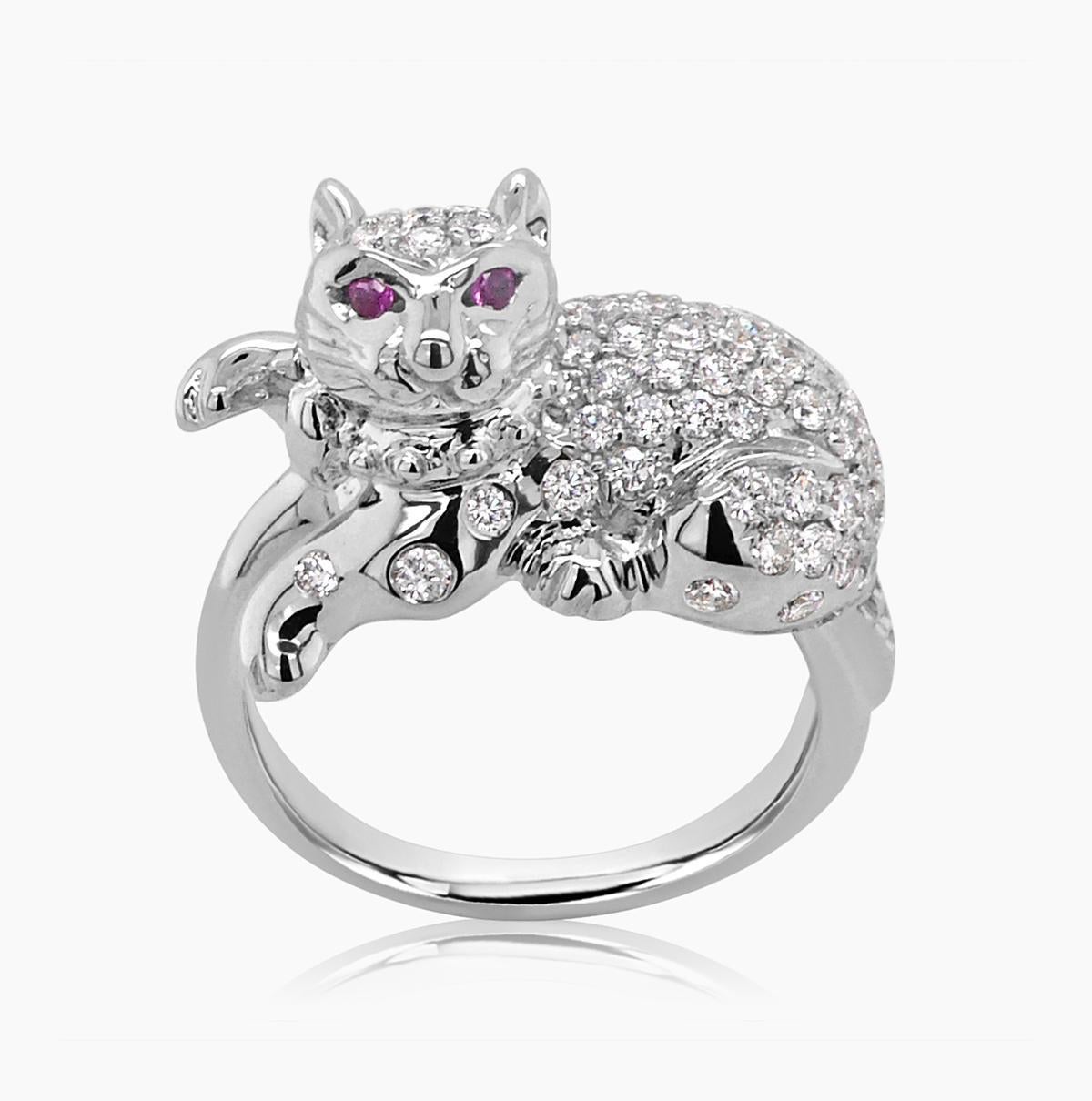 Diamant Pave & Rubin Augen Katze Kätzchen 18K Weißgold Statement Tier Ring im Zustand „Neu“ im Angebot in Oakton, VA