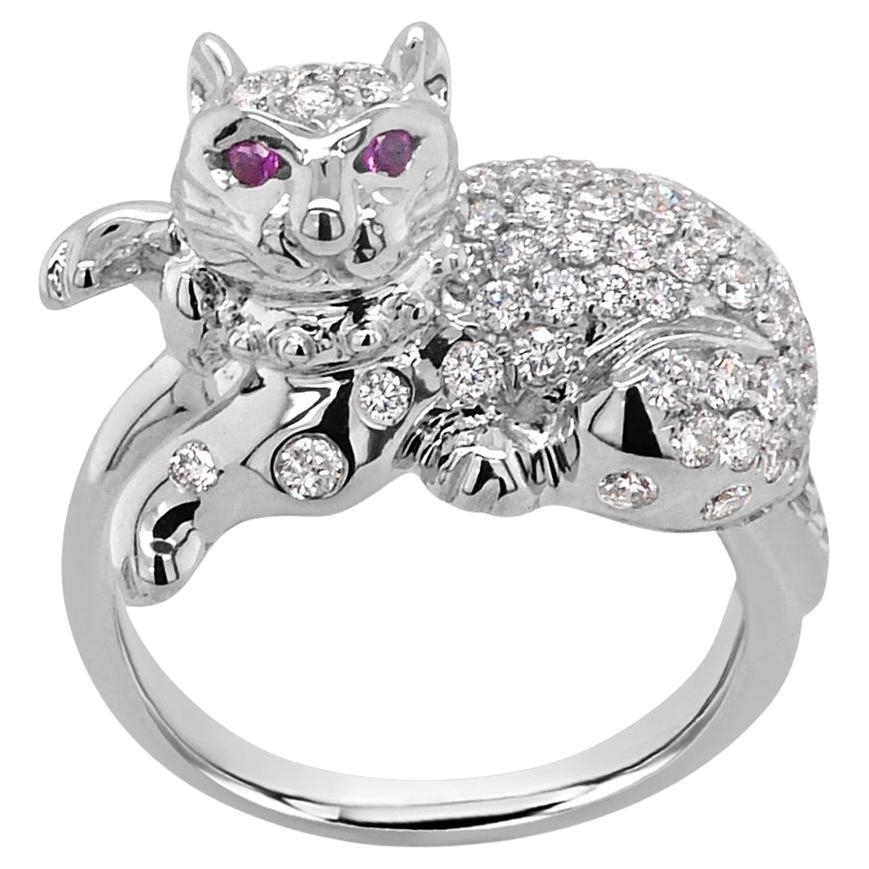 Diamant Pave & Rubin Augen Katze Kätzchen 18K Weißgold Statement Tier Ring