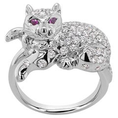 Diamant Pave & Rubin Augen Katze Kätzchen 18K Weißgold Statement Tier Ring
