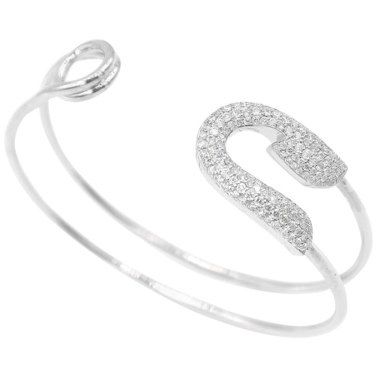 Diamond Pavé Safety Pin 18 Karat White Gold Open Bangle For Sale at 1stDibs