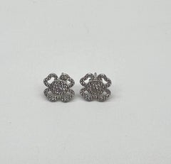 Diamond Pave Set Lucky Clover Charm Halo 18K White Gold Stud Statement Earrings