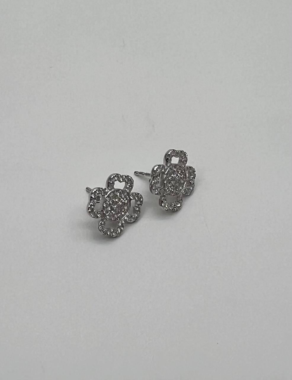 Mixed Cut Diamond Pave Set Lucky Clover Charm Halo 18K White Gold Stud Statement Earrings For Sale