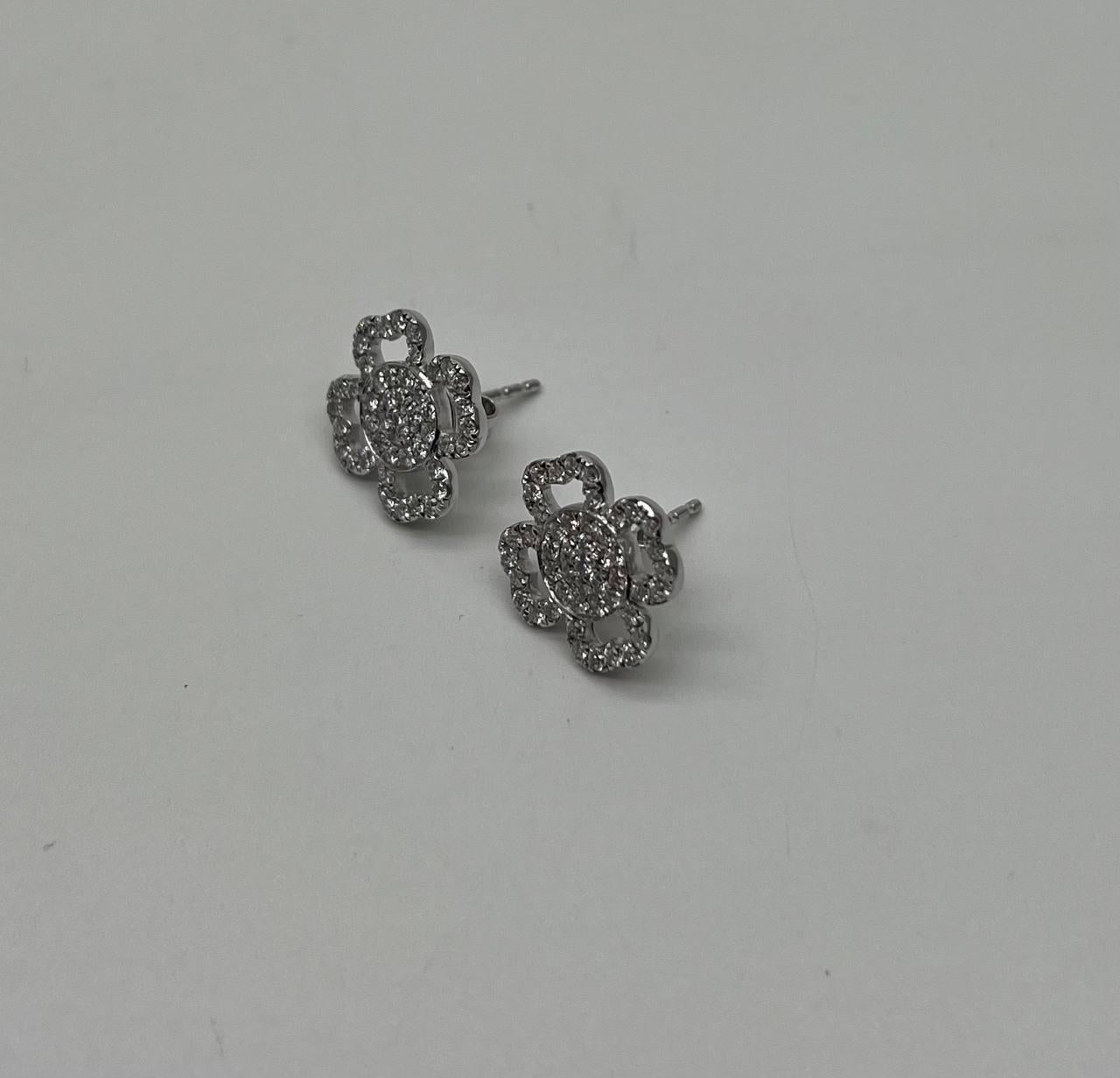 Diamond Pave Set Lucky Clover Charm Halo 18K White Gold Stud Statement Earrings In New Condition For Sale In Oakton, VA