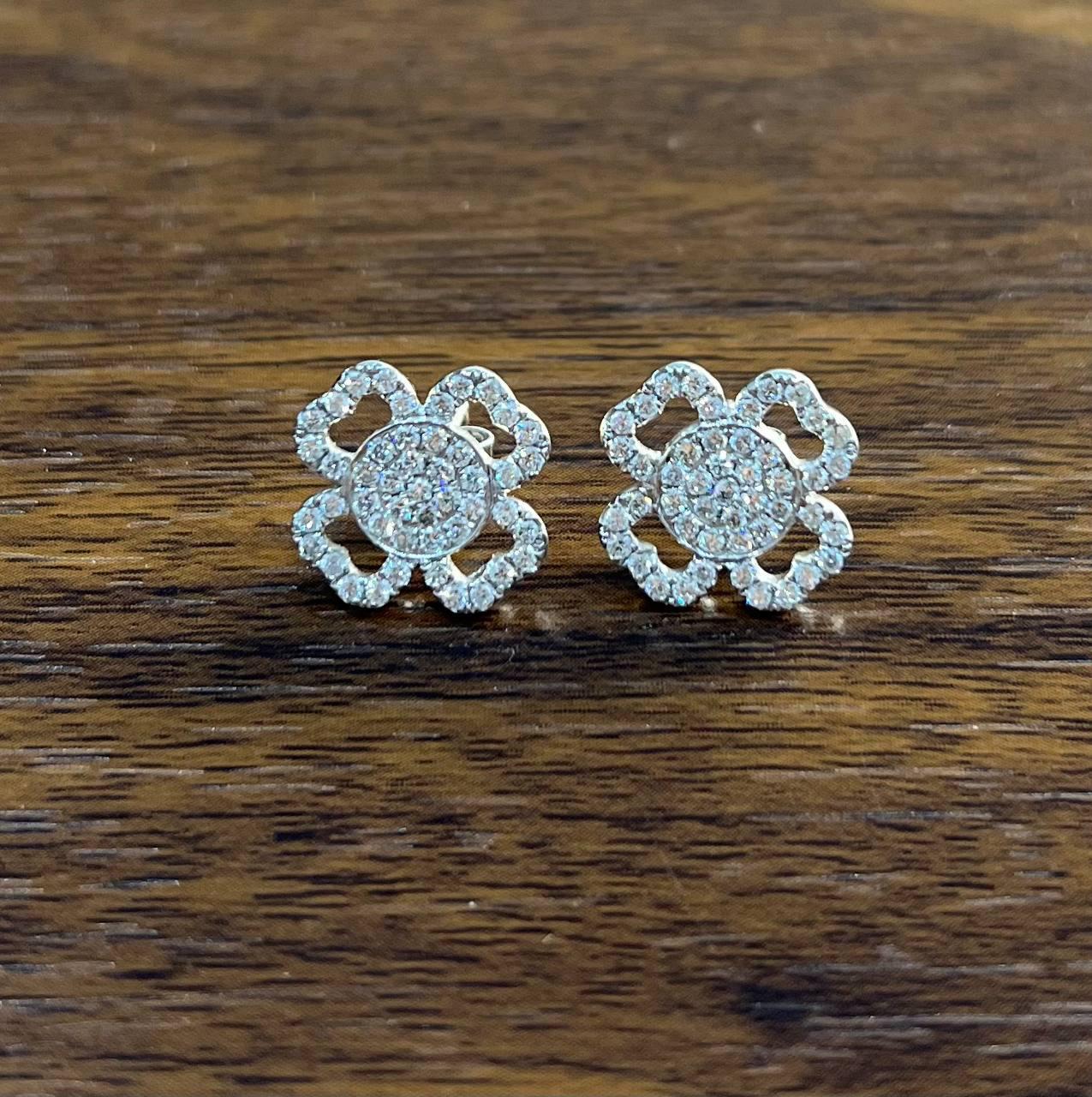 Diamond Pave Set Lucky Clover Charm Halo 18K White Gold Stud Statement Earrings For Sale 1