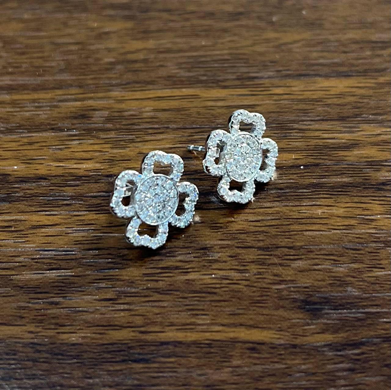 Diamond Pave Set Lucky Clover Charm Halo 18K White Gold Stud Statement Earrings For Sale 2