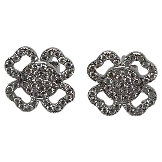 Diamond Pave Set Lucky Clover Charm Halo 18K White Gold Stud Statement Earrings For Sale
