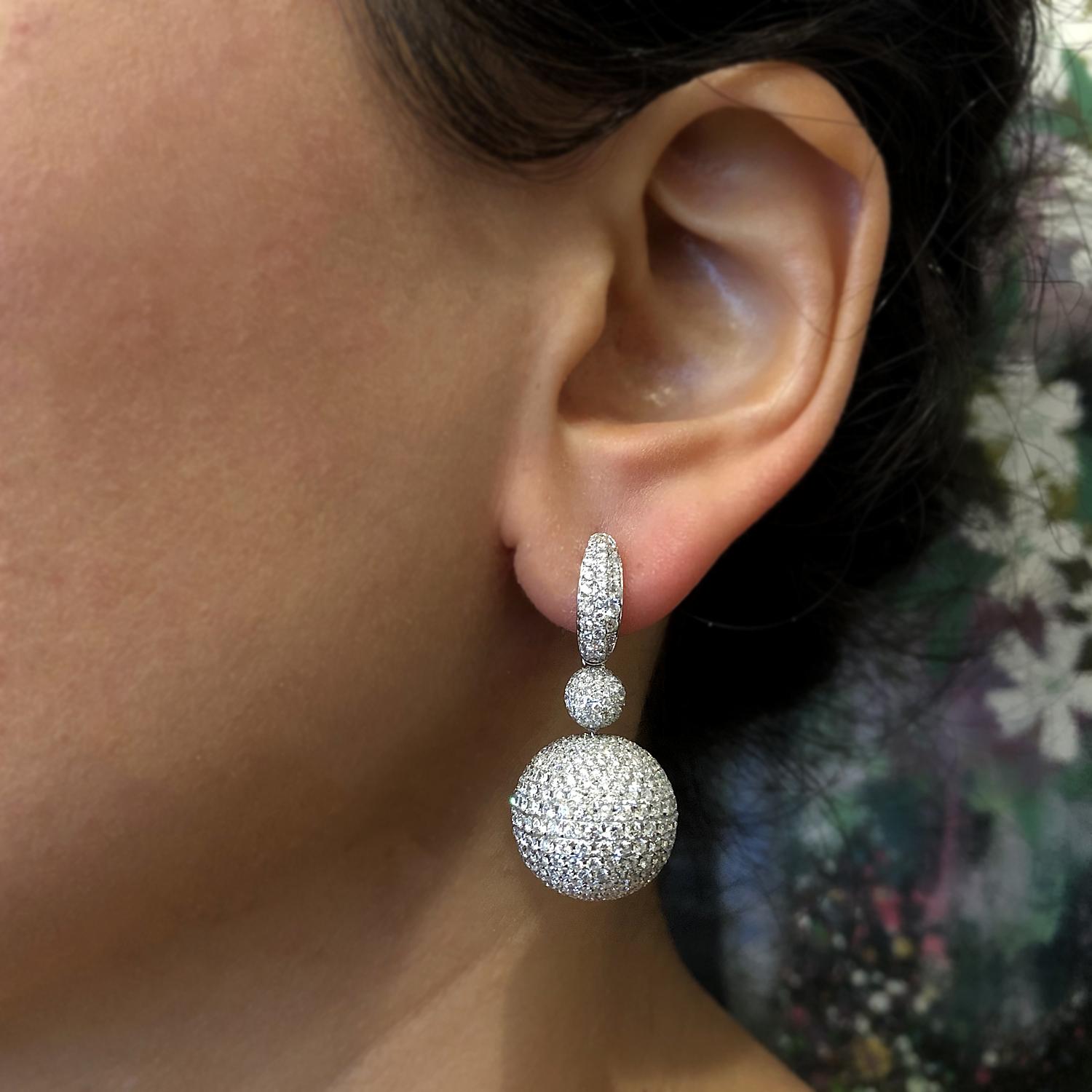 Round Cut Diamond Pave Sphere Gold Drop Earrings For Sale
