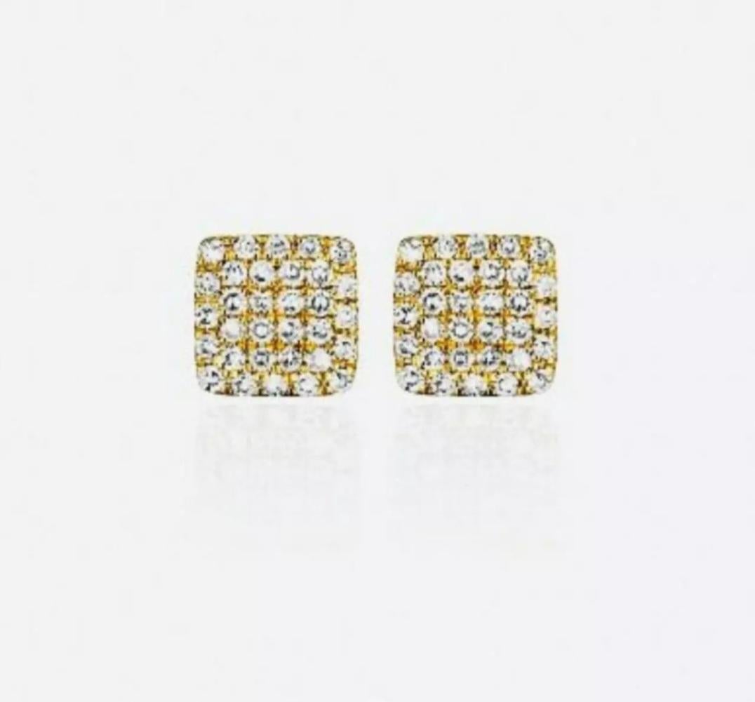 Taglio rotondo Orecchino quadrato con pavé di diamanti Orecchino quadrato piccolo in oro 14K Mini borchie piatte. in vendita