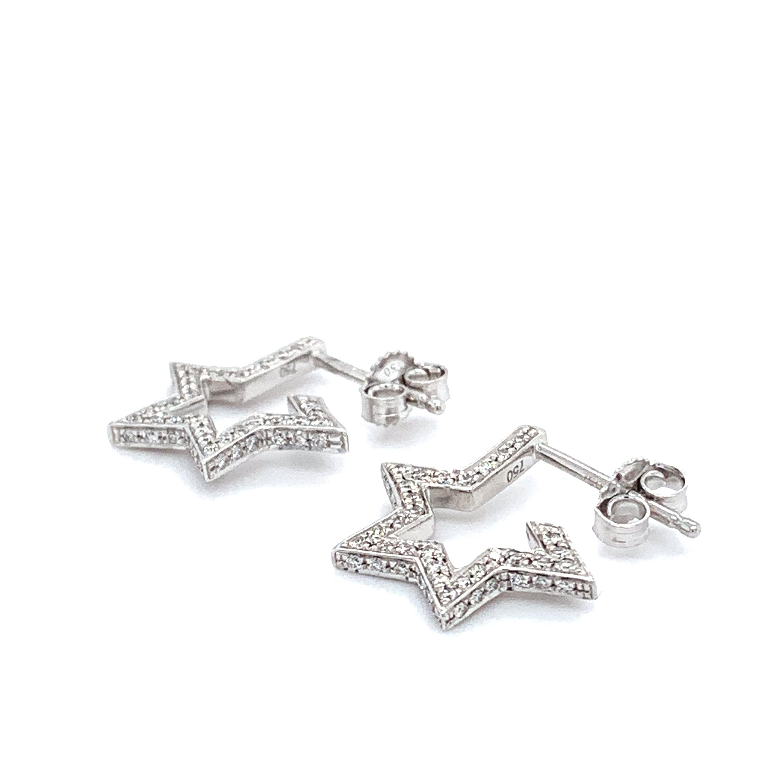 Round Cut Diamond pave star art deco stud earrings 18k white gold For Sale