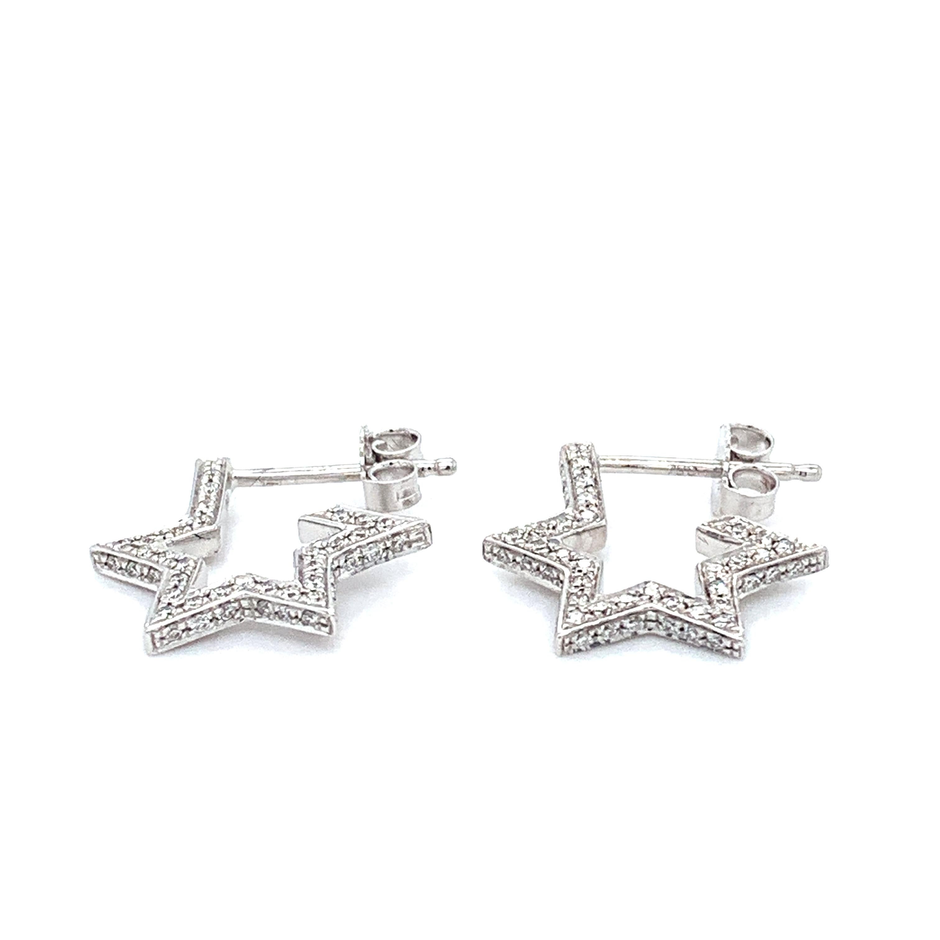 Diamond pave star art deco stud earrings 18k white gold In New Condition For Sale In London, GB
