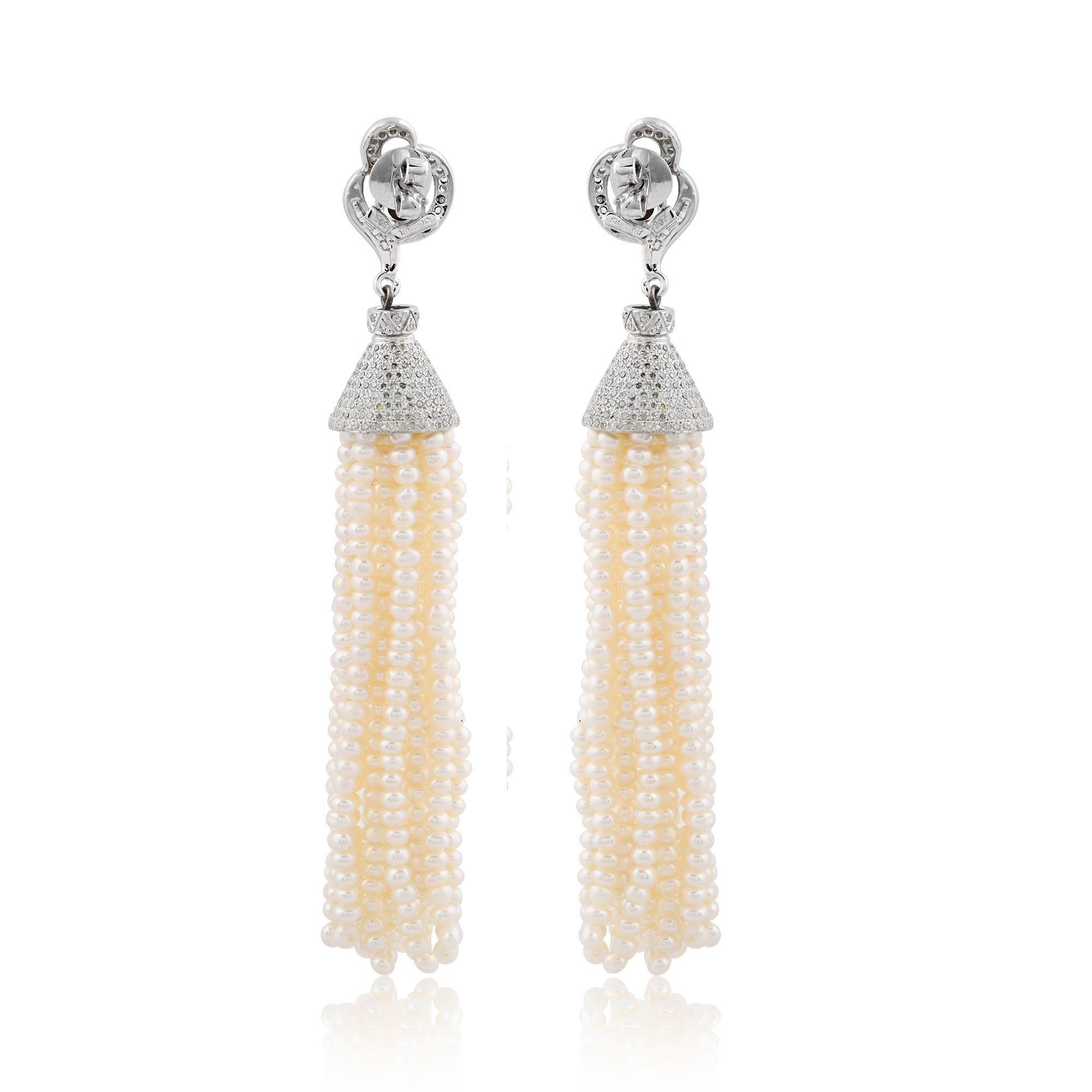 Modern Diamond Pave Tassel Dangle Earrings Pearl Beads 18 Karat Gold Silver Jewelry