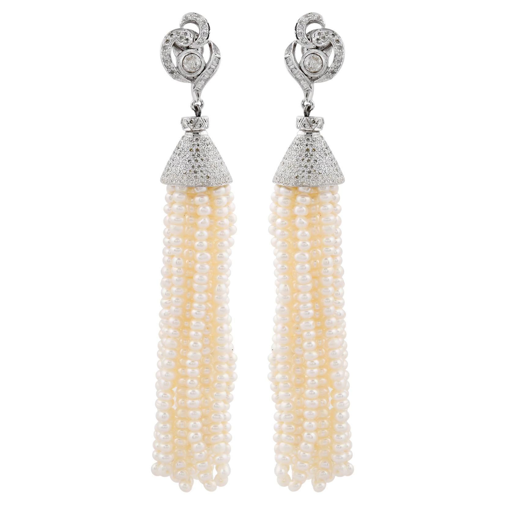 Diamond Pave Tassel Dangle Earrings Pearl Beads 18 Karat Gold Silver Jewelry