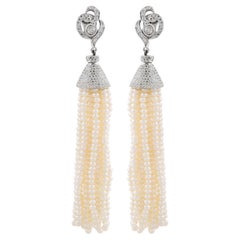 Diamond Pave Tassel Dangle Earrings Pearl Beads 18 Karat Gold Silver Jewelry