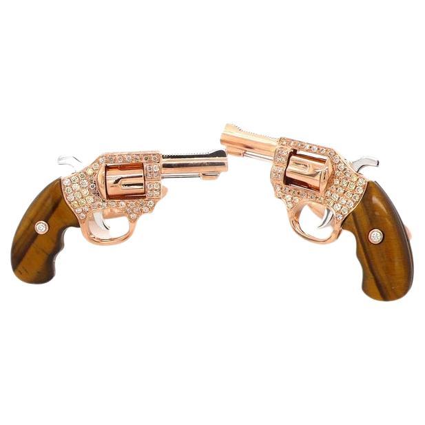 Diamond Pave Tiger's Eye Luxury Gun Revolver 18 Karat Gold Unique Men Cufflinks For Sale
