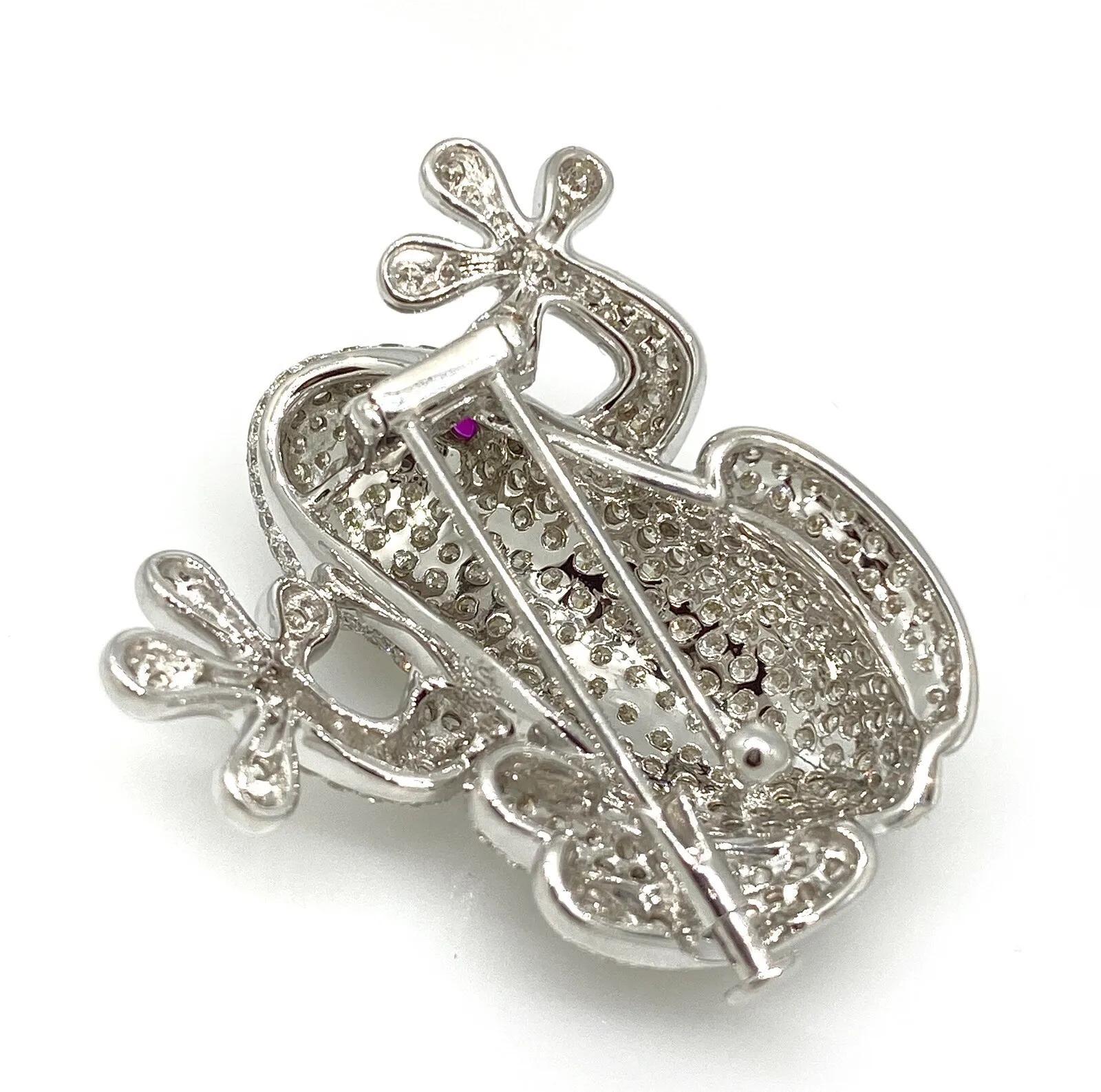 Women's or Men's Diamond Pave Tree Frog Pin Brooch in 18k White Gold For Sale