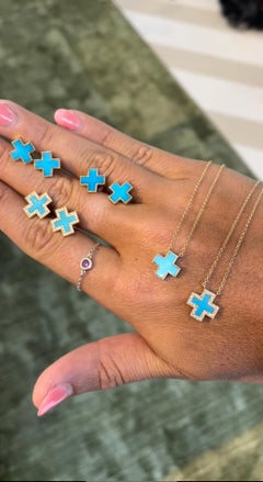 Diamond Pave Turquoise Inlay Heirloom Studs 14k Yellow Gold