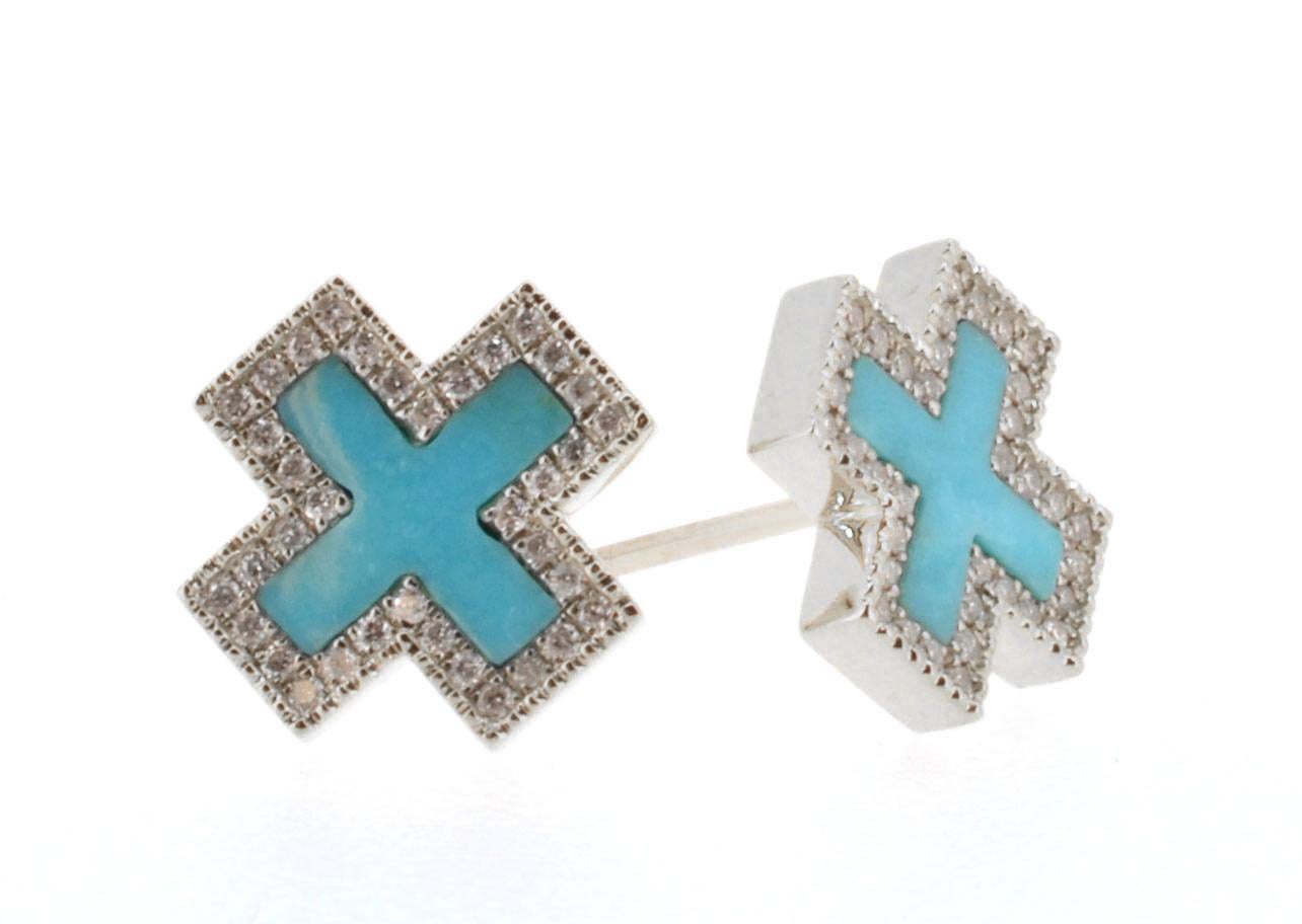 Contemporary Diamond Pave Turquoise Inlay Heirloom Studs 14k Yellow Gold For Sale