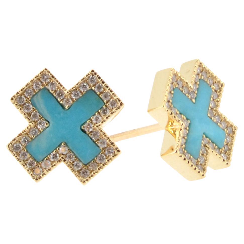 Diamond Pave Turquoise Inlay Heirloom Studs 14k Yellow Gold For Sale