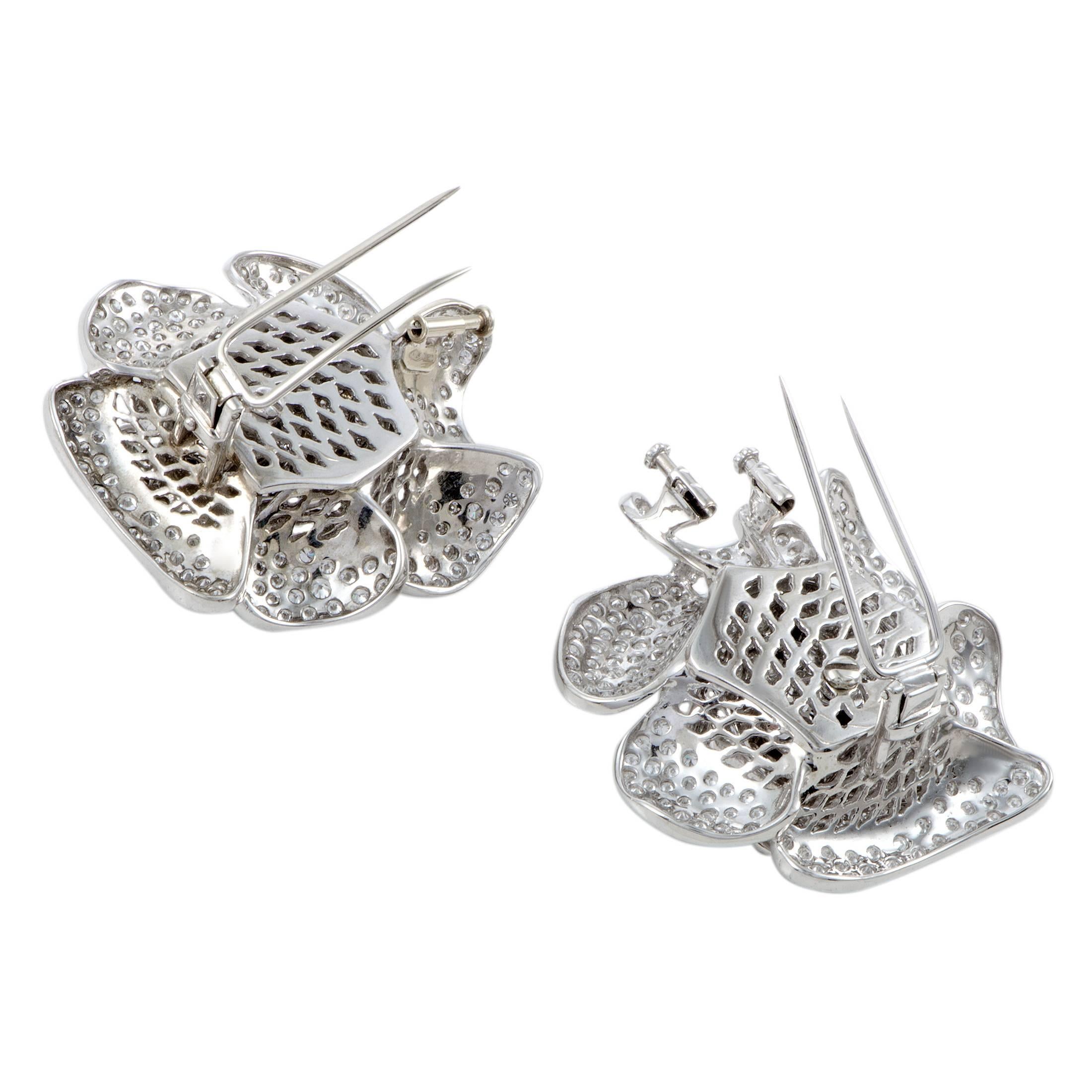 Round Cut Diamond Pave White Gold Rose Brooches and Earrings Set