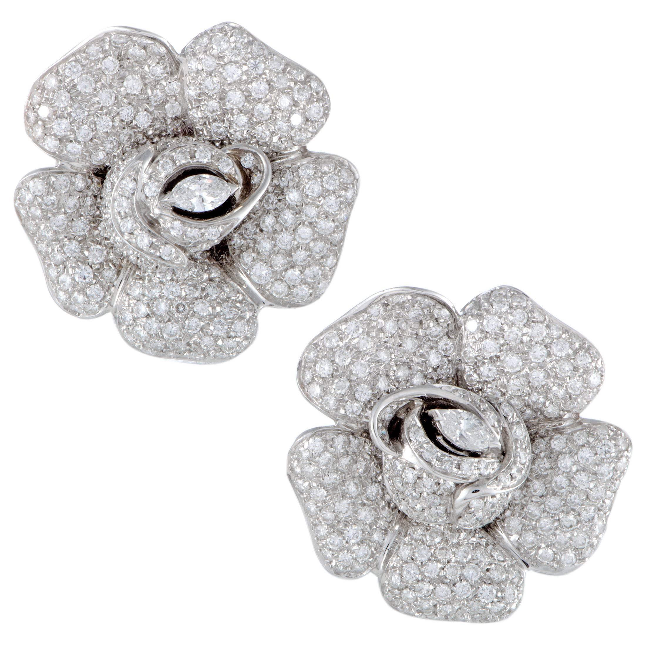 Diamond Pave White Gold Rose Brooches and Earrings Set In Excellent Condition In Southampton, PA