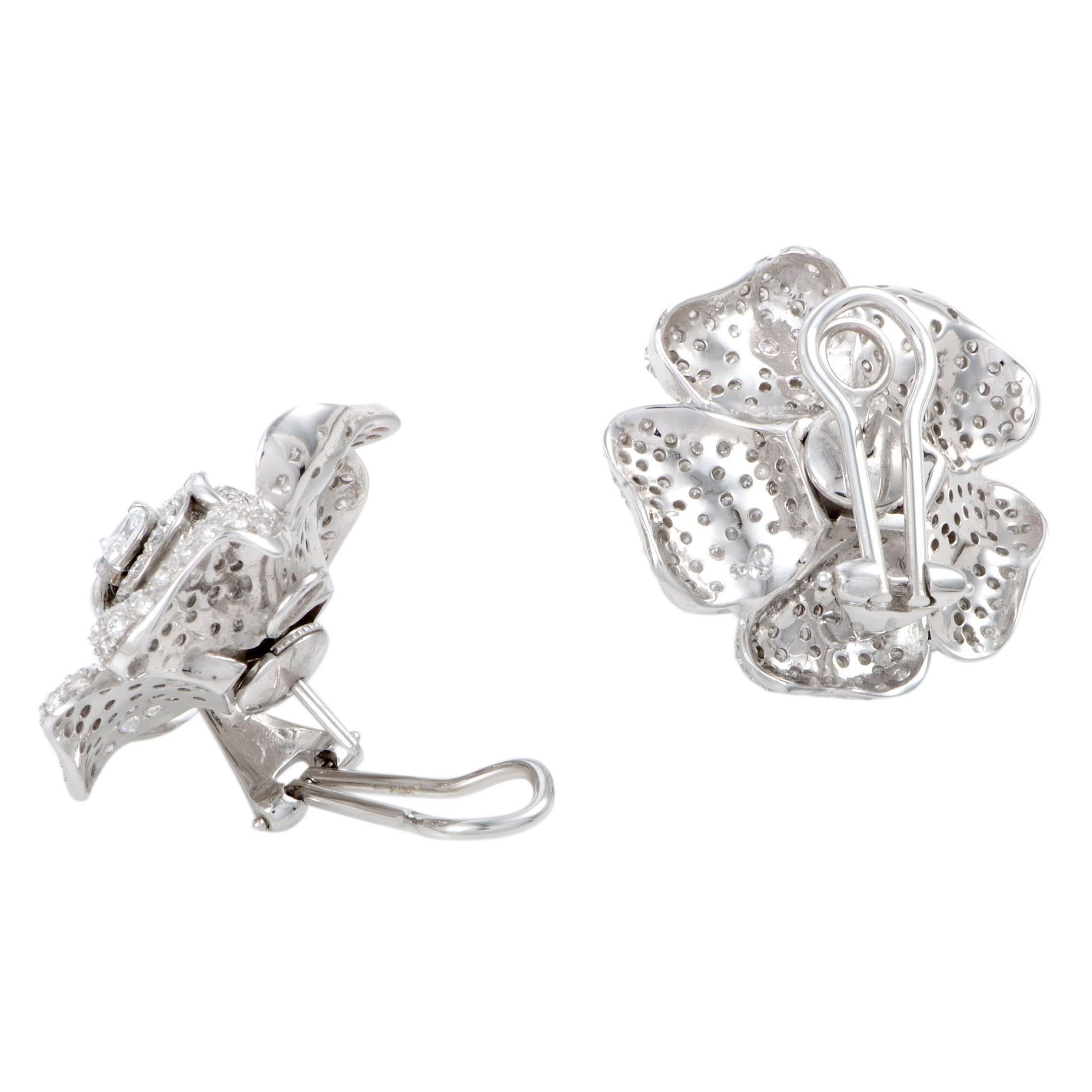 Diamond Pave White Gold Rose Brooches and Earrings Set 1