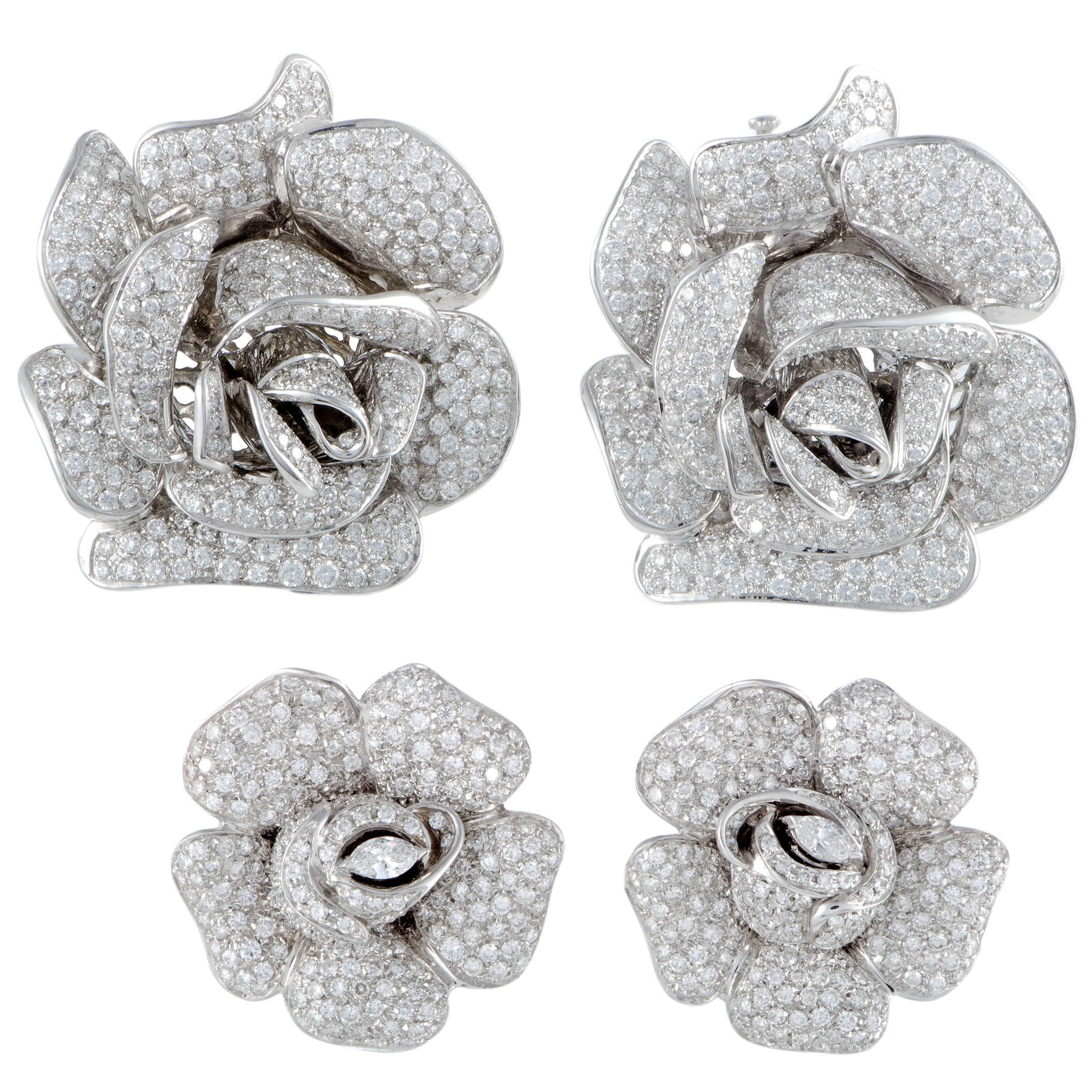 Diamond Pave White Gold Rose Brooches and Earrings Set