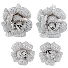 Vintage Diamond Pave White Gold Rose Brooches and Earrings Set