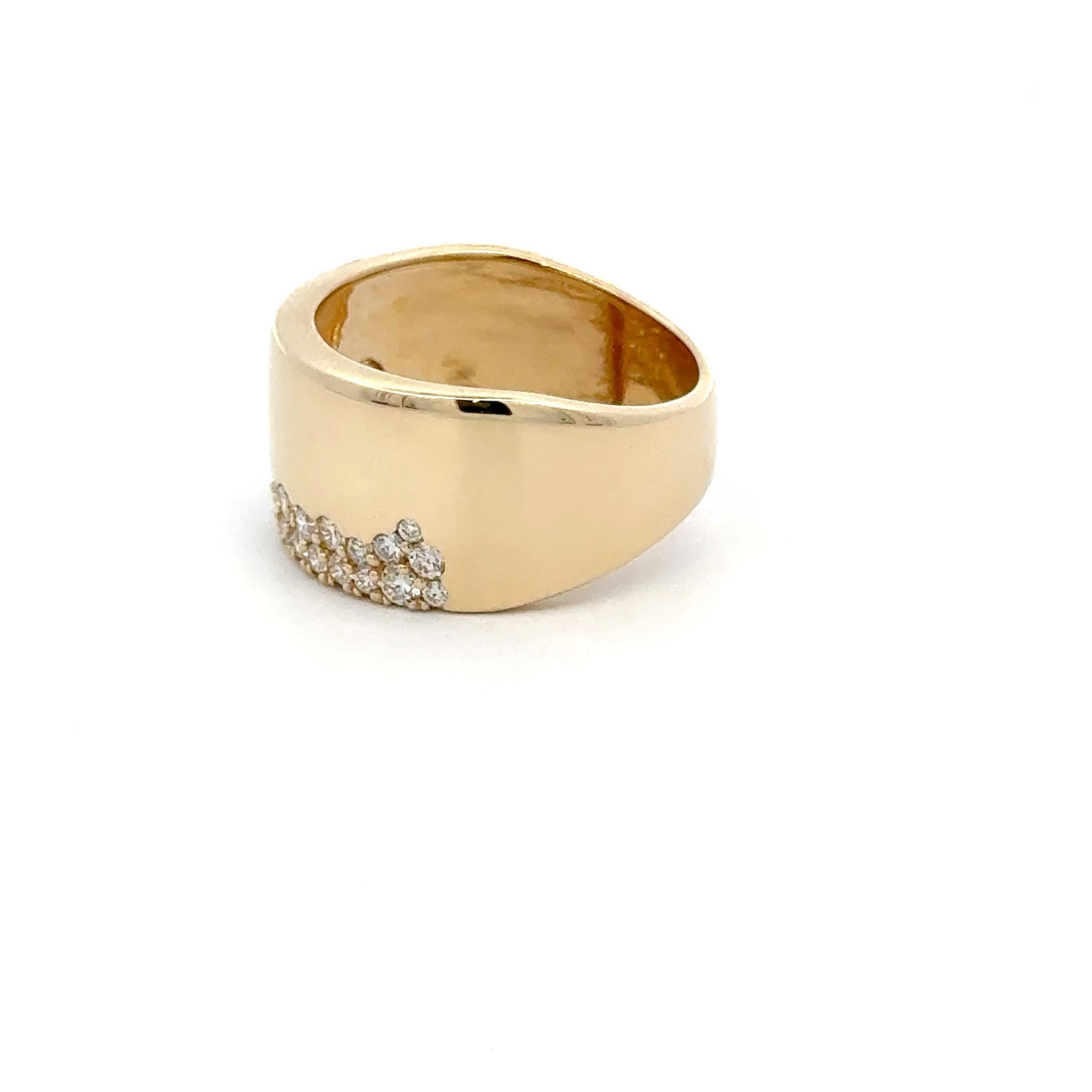 14 Karat yellow gold wide band featuring 34 pave set diamonds weighing 0.71 carats of G-H Color SI1-2 Clarity, 6 grams. 

More Fashion Rings in Stock. 
Message for Pictures & Details.
Search Harbor Diamonds

Can Order Any Size 