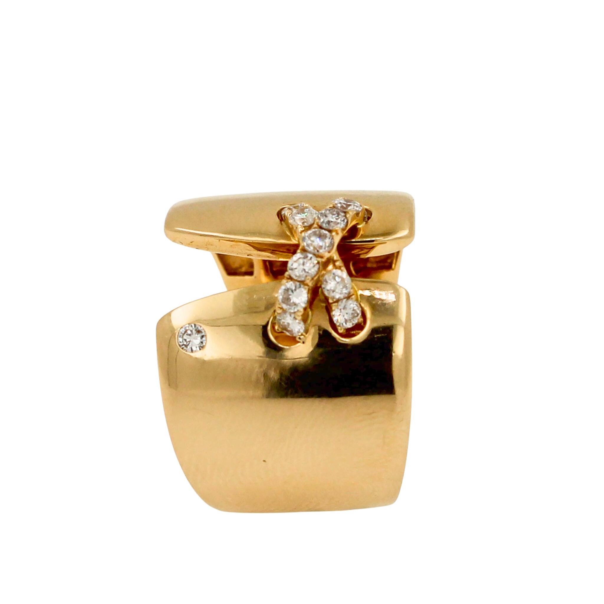 Modern Diamond Pave Wide X Cross Chunky Cocktail Signet Band 14 Karat Yellow Gold Ring For Sale