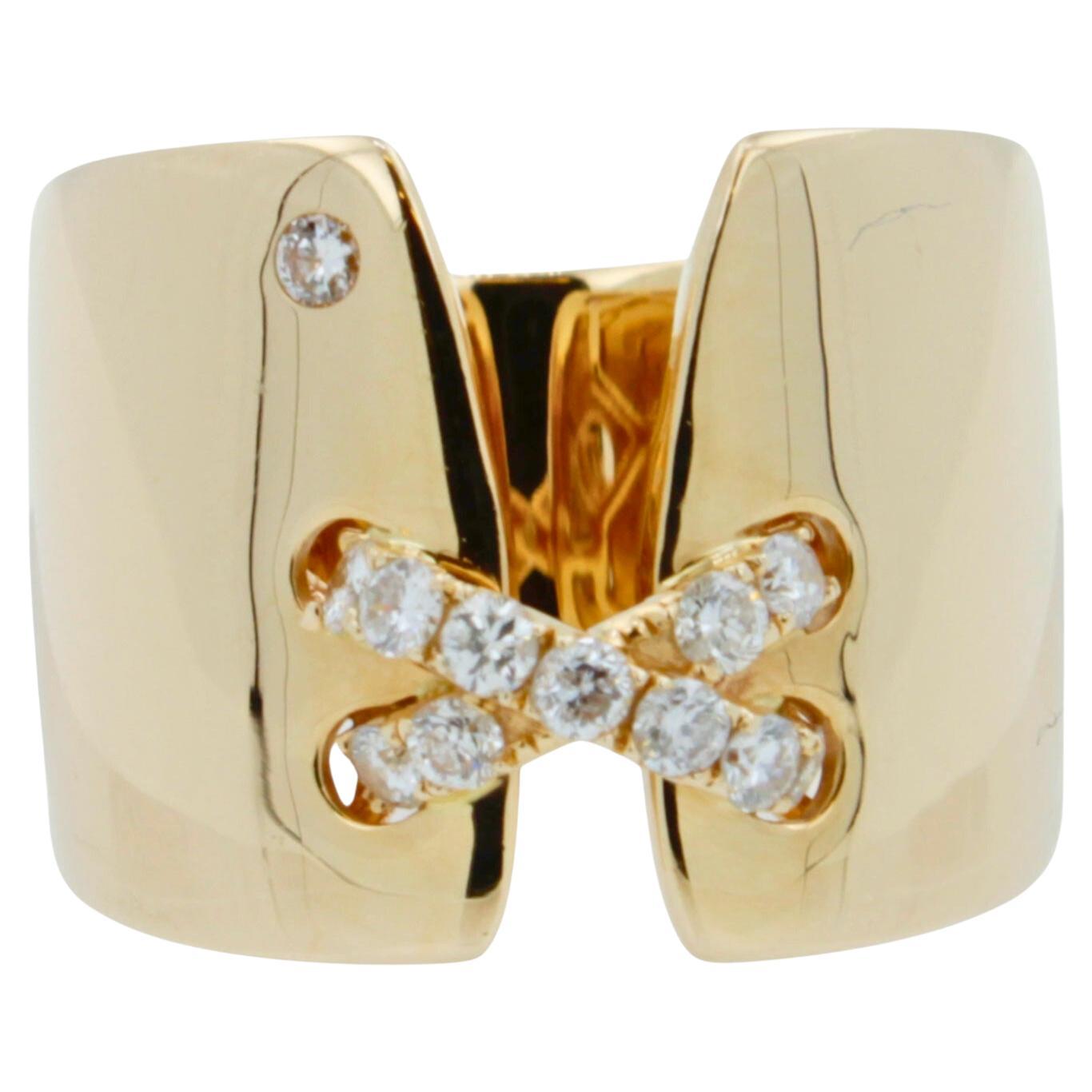 Diamond Pave Wide X Cross Chunky Cocktail Signet Band 14 Karat Yellow Gold Ring For Sale