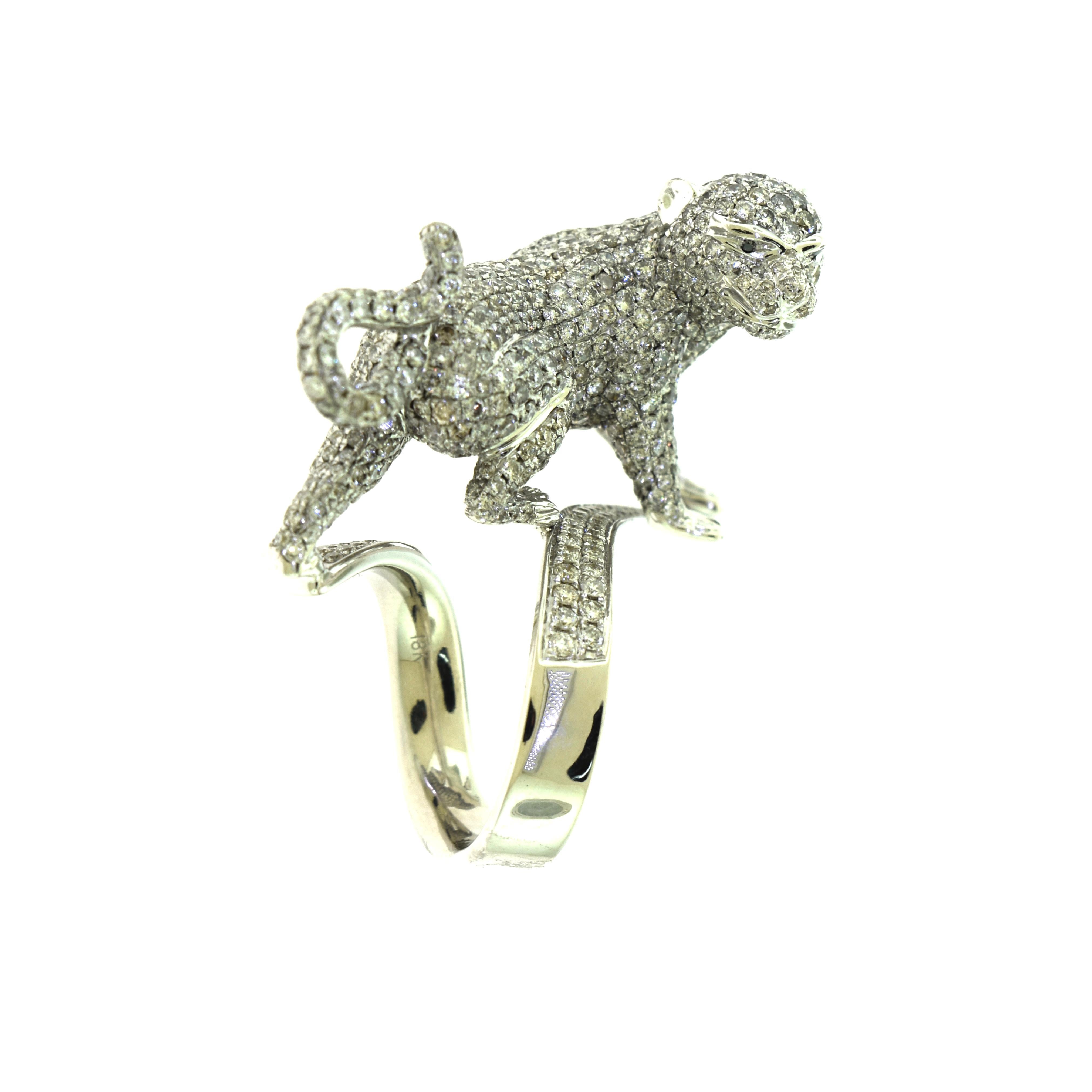 Diamond Paved Large Panther Cocktail Ring in White Gold, Sapphire Eyes 1