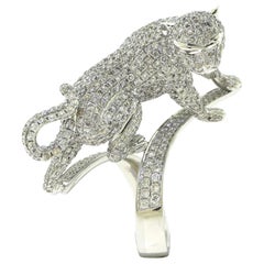 Diamond Paved Large Panther Cocktail Ring in White Gold, Sapphire Eyes