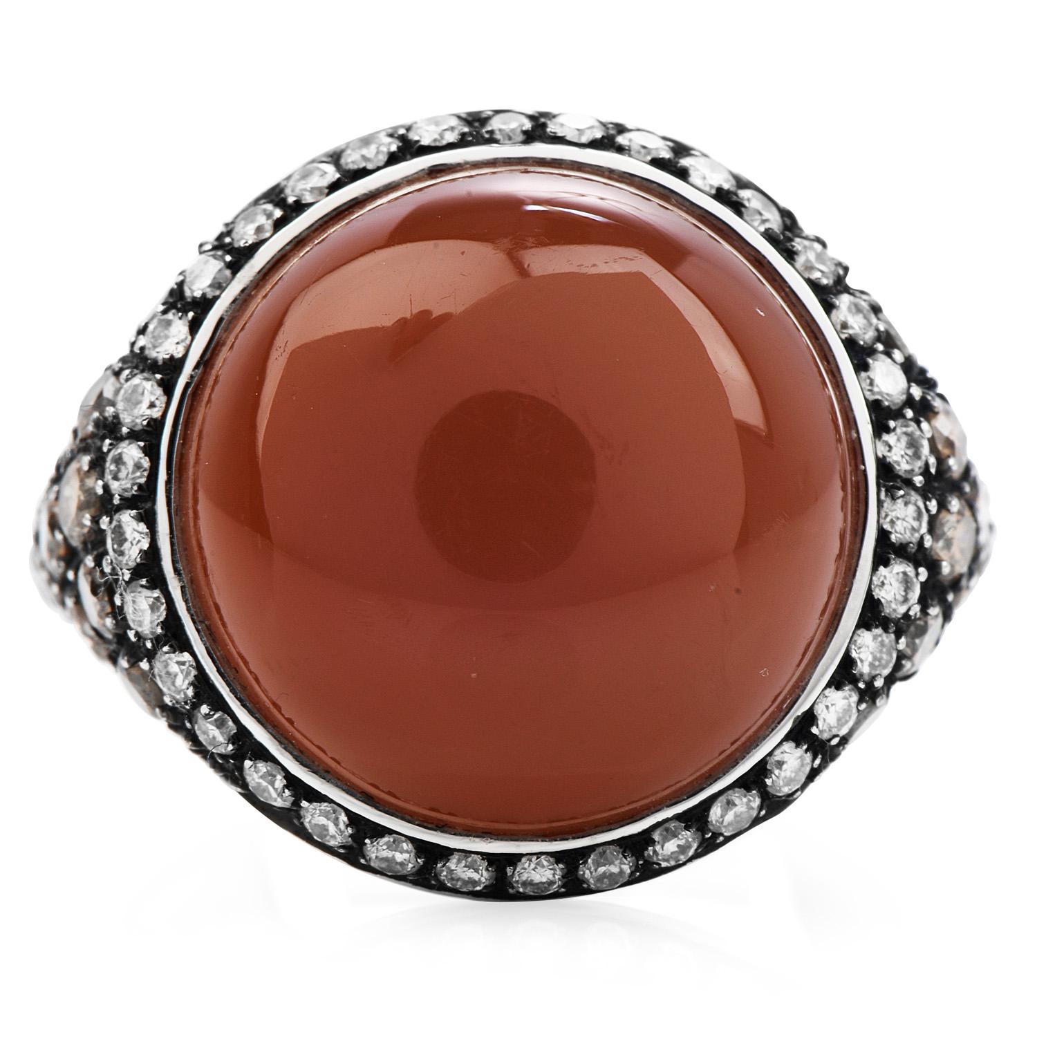 Modern Diamond Peach Moon Stone 18K Gold Elegant Cocktail Ring For Sale