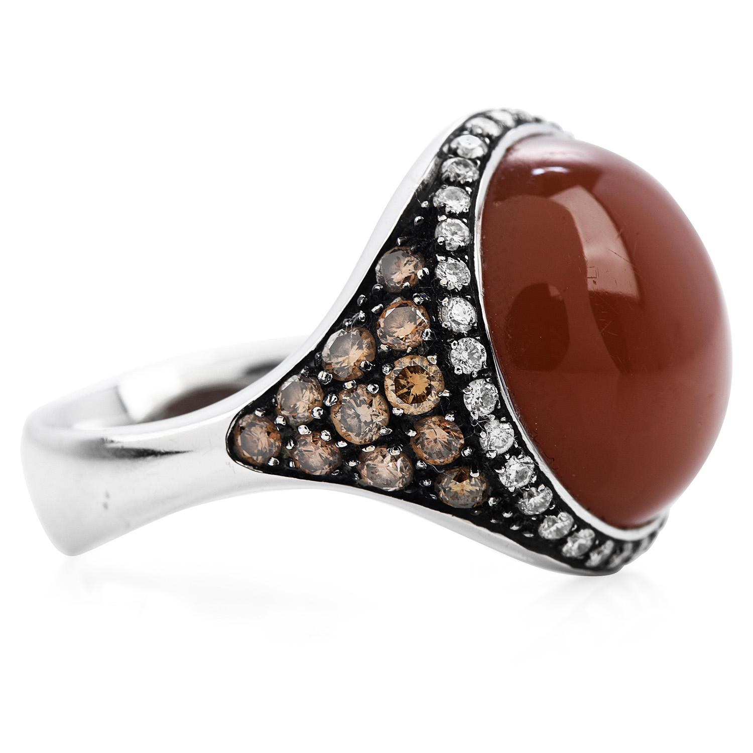 Cabochon Diamond Peach Moon Stone 18K Gold Elegant Cocktail Ring For Sale