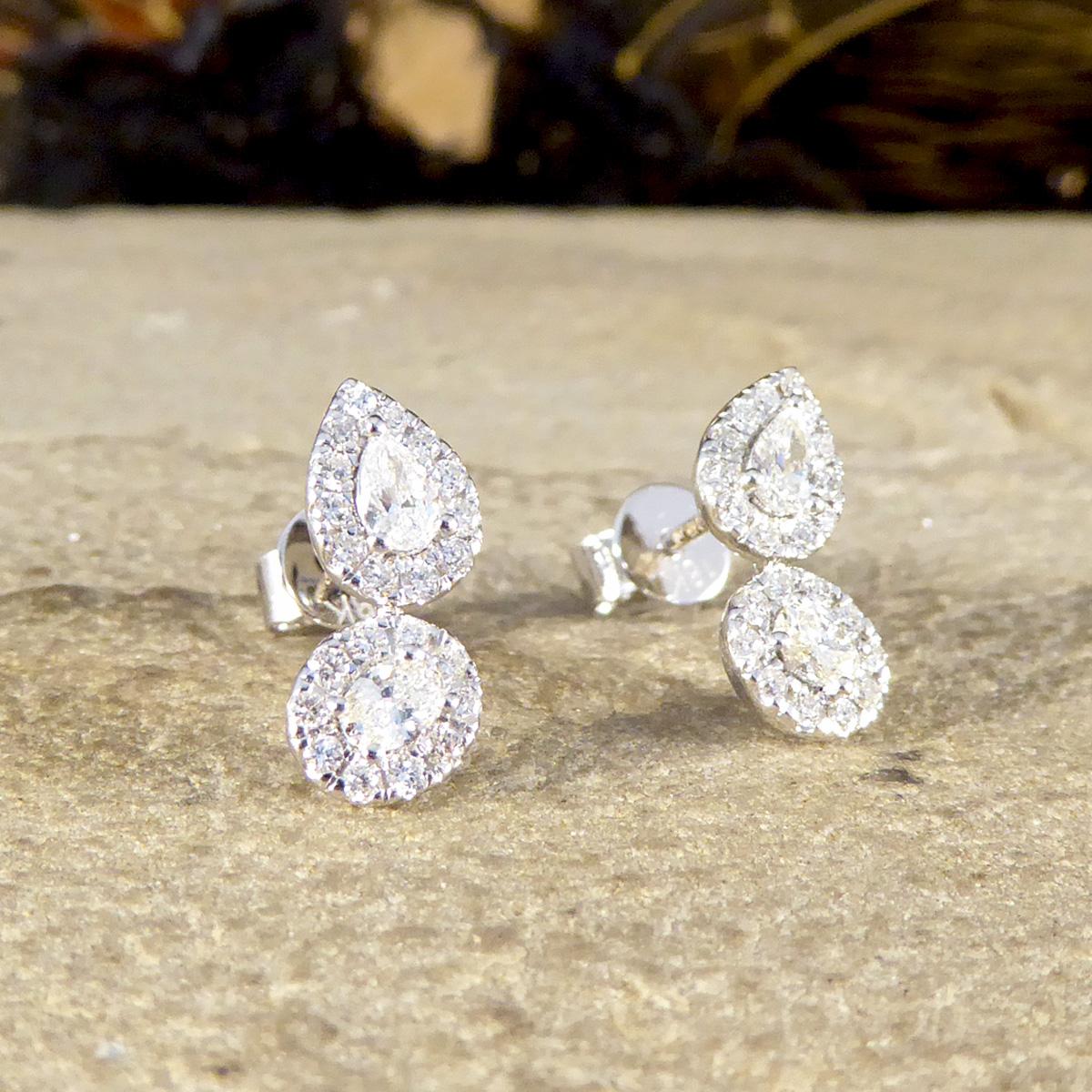 Modernist Diamond Pear and Oval Double Cluster Stud Earrings in 18ct White Gold For Sale